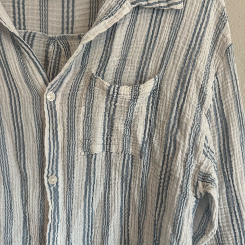 Softest Cotton Blue Striped Oversized Button Down Coastal Grandma Boho Chic - Picture 3 of 7
